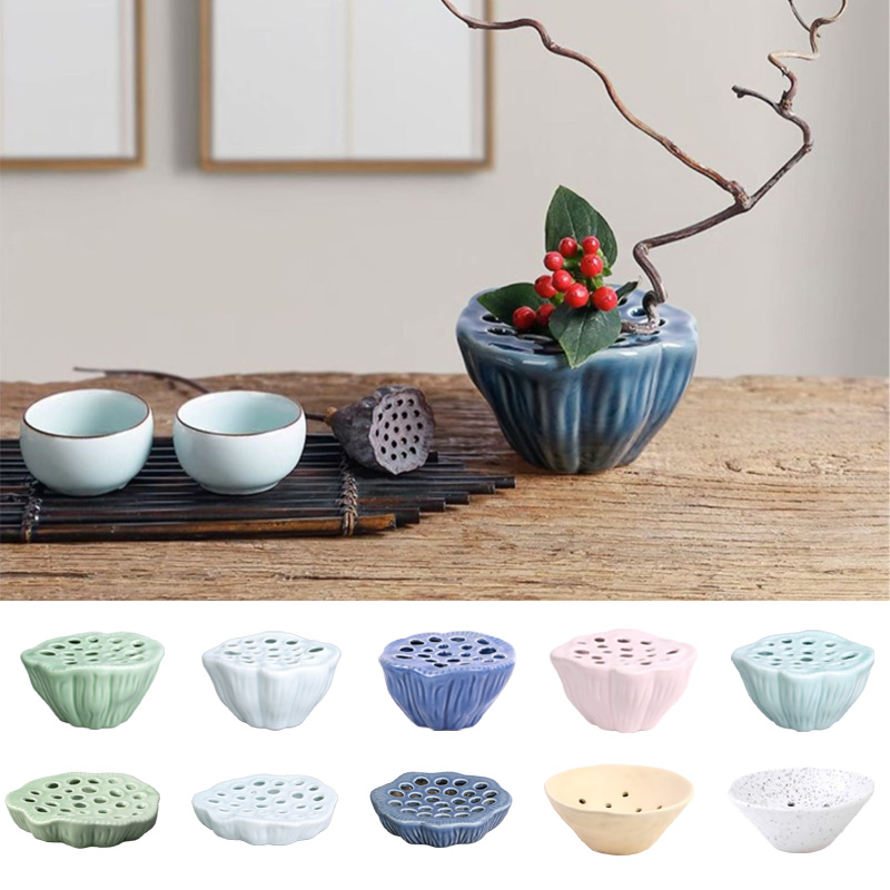 Ikebana Vase Kenzan - แจกันเซรามิกรูปดอกบัวแบบจีน 1 ชิ้น สำหรับจัดดอกไม้แบบอิเคบานะ แจกันสำหรับจัดดอกไม้บนโต๊ะน้ำชา เครื่องมือจัดดอกไม้แบบเซน