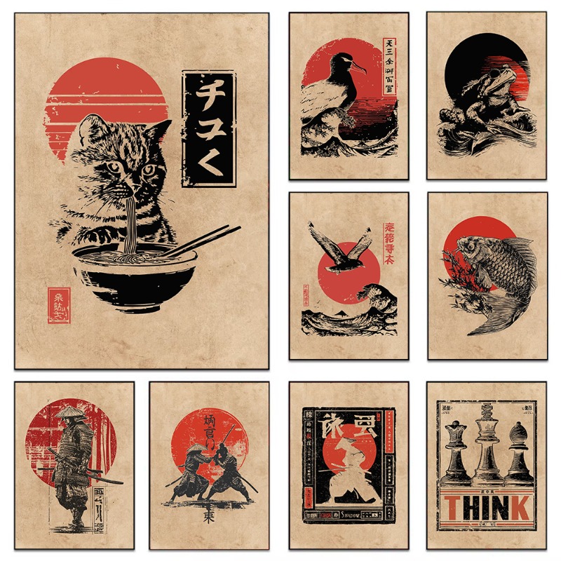 Japanese Lifestyle Home - ภาพวาดบนผ้าใบแนววินเทจ: ปลาคาร์ปญี่ปุ่น กบ แมว กินราเมน ซามูไรดวลกัน