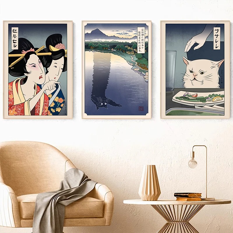 Japanese Lifestyle At Home - ญี่ปุ่น Ukiyoe สไตล์โปสเตอร์พิมพ์ผู้หญิงตะโกนแมวภาพวาดผ้าใบ Vintage Longcat Living